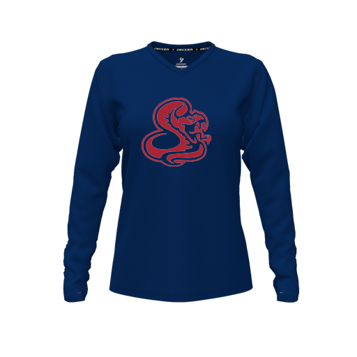 [CUS-DFW-TEES-CMF-VNK-LSL-NVY-FYXS-LOGO1] Decker Comfort T-Shirt (Female Youth XS, Navy, V Neck, Logo 1, Long Sleeve)