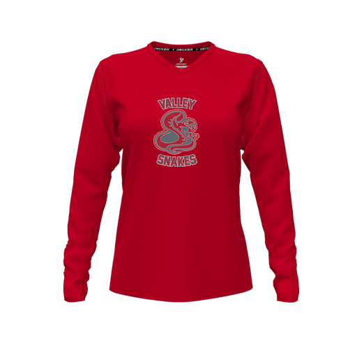 [FTLVPTRD-FYXS-LOGO2] Decker Performance T-Shirt (Female Youth XS, Red, V Neck, Logo 2, Long Sleeve)